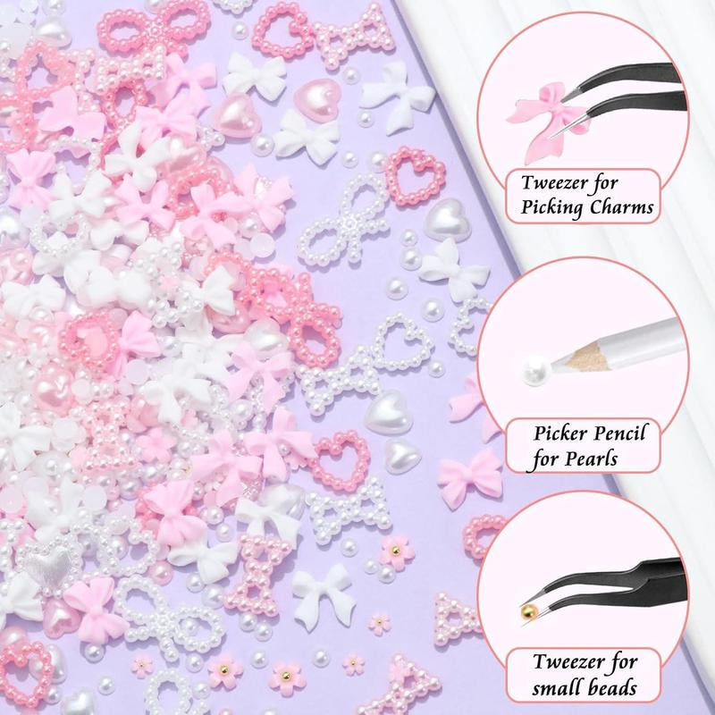 Bow & Faux Pearl Decor Nails Art Charms Kit(1000 Piece)