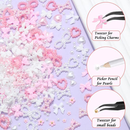 Bow & Faux Pearl Decor Nails Art Charms Kit(1000 Piece)