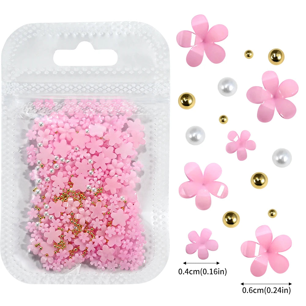 White Pink Blossom Spring Acrylic Flower Nail Rhinestones Mixed Pearl Beads(1000 Piece