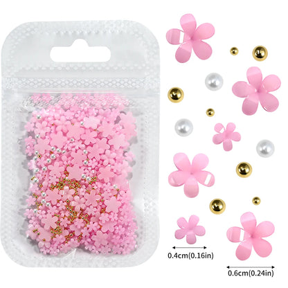 White Pink Blossom Spring Acrylic Flower Nail Rhinestones Mixed Pearl Beads(1000 Piece