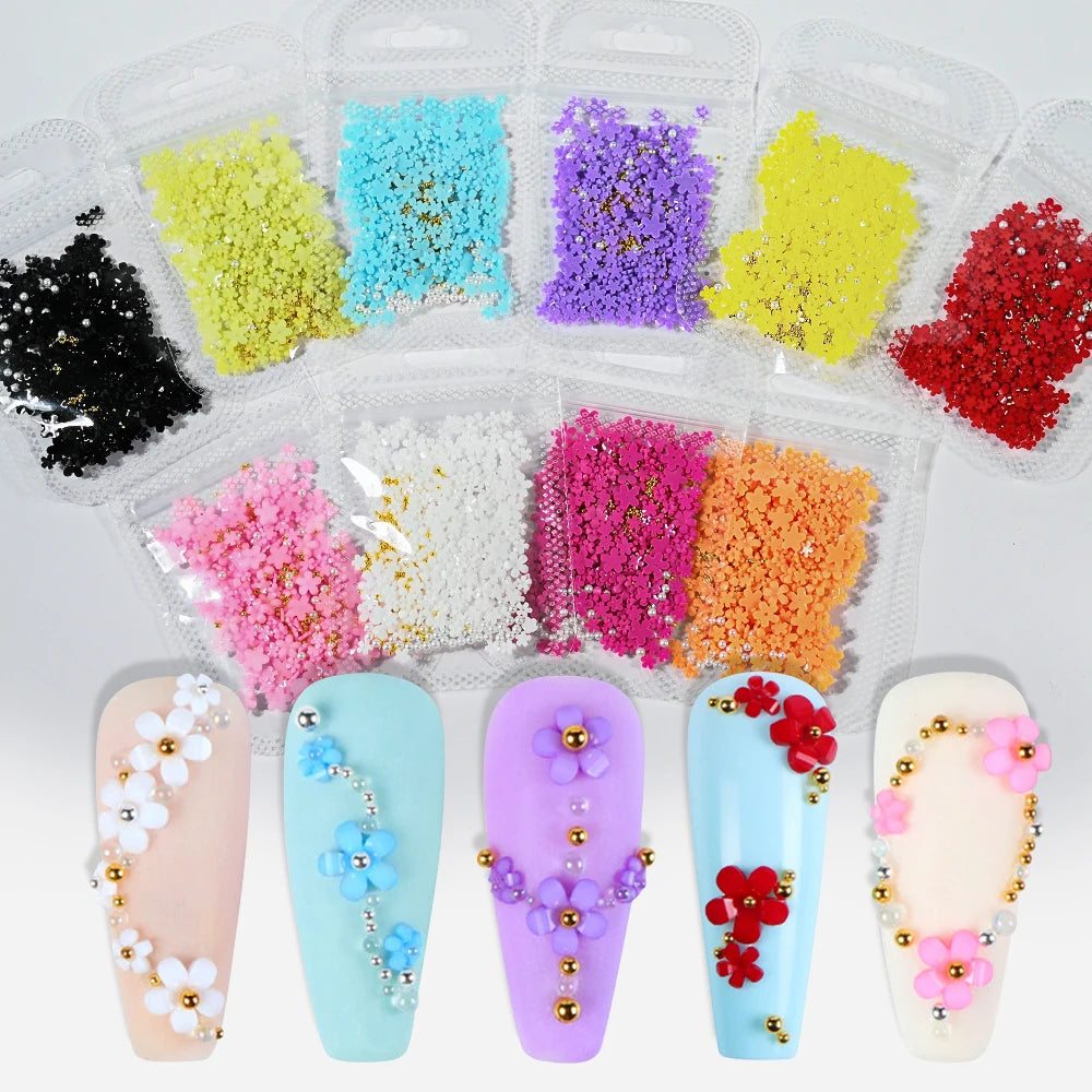 White Pink Blossom Spring Acrylic Flower Nail Rhinestones Mixed Pearl Beads(1000 Piece