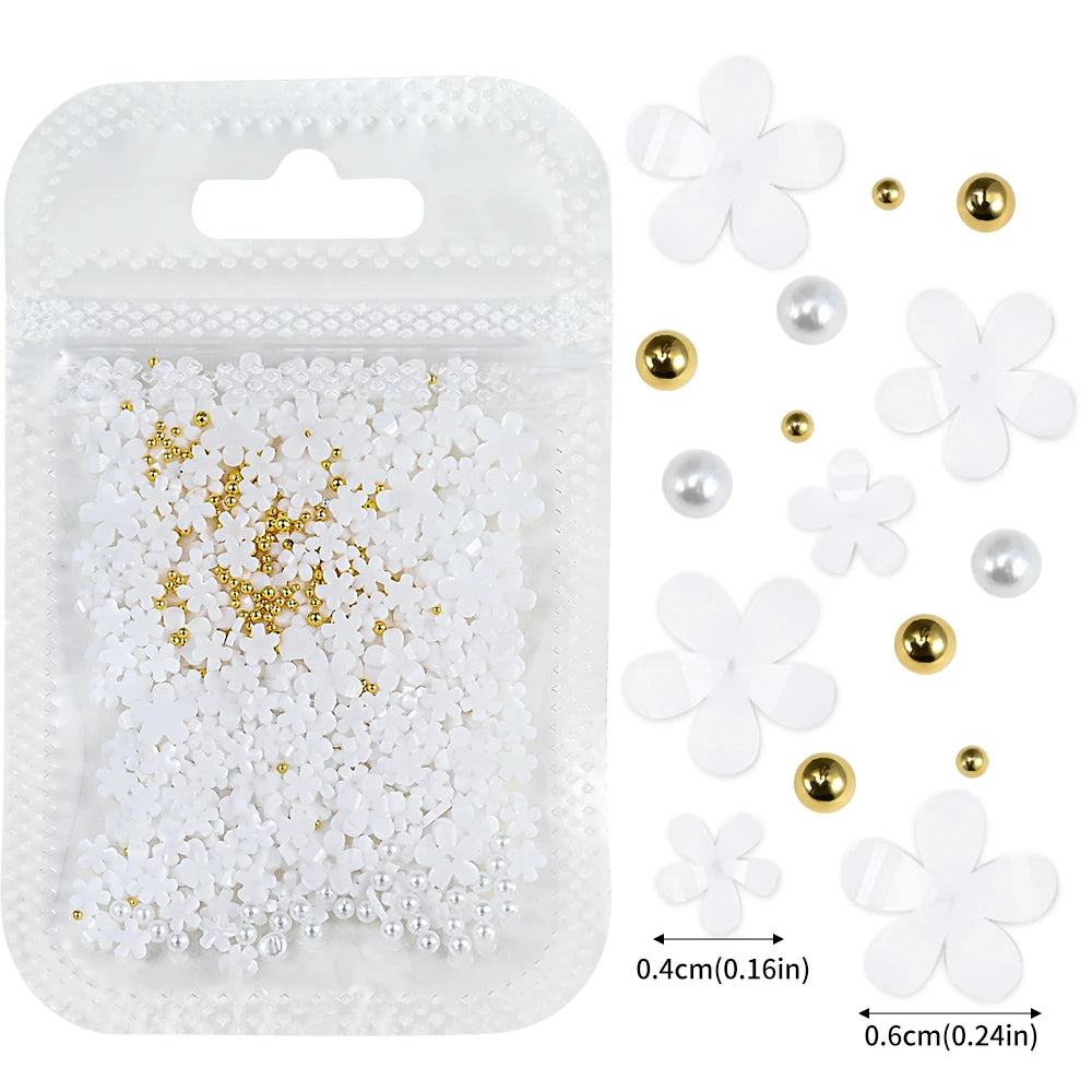 White Pink Blossom Spring Acrylic Flower Nail Rhinestones Mixed Pearl Beads(1000 Piece