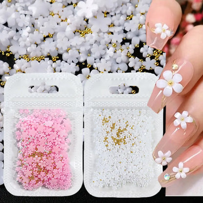 White Pink Blossom Spring Acrylic Flower Nail Rhinestones Mixed Pearl Beads(1000 Piece