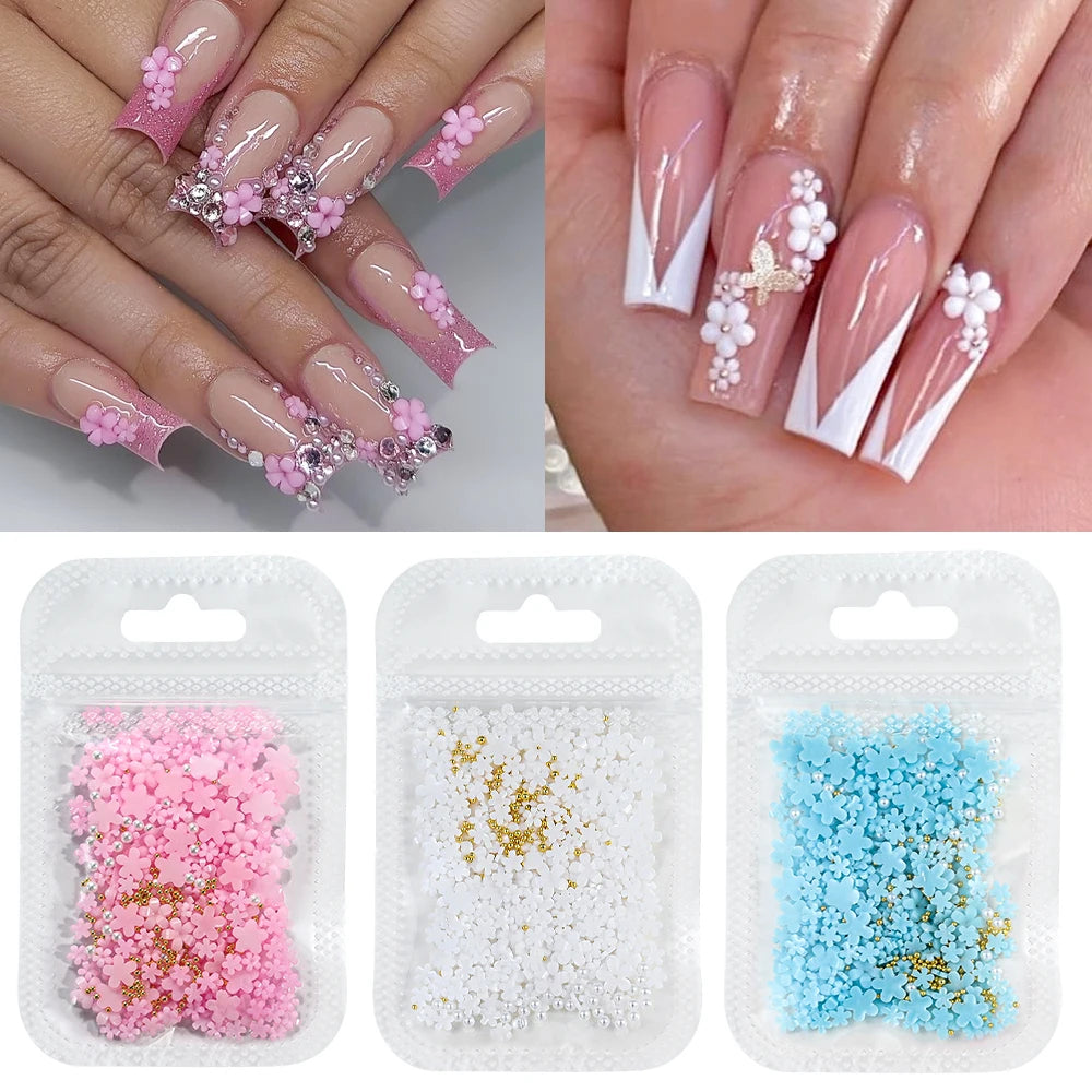 White Pink Blossom Spring Acrylic Flower Nail Rhinestones Mixed Pearl Beads(1000 Piece