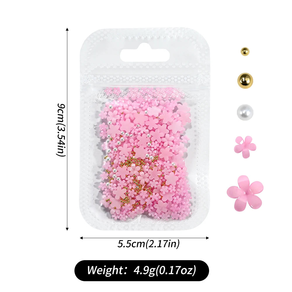 White Pink Blossom Spring Acrylic Flower Nail Rhinestones Mixed Pearl Beads(1000 Piece