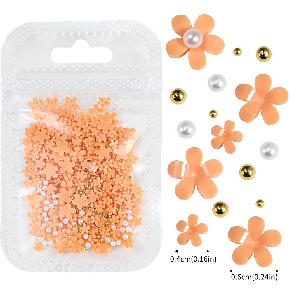 White Pink Blossom Spring Acrylic Flower Nail Rhinestones Mixed Pearl Beads(1000 Piece