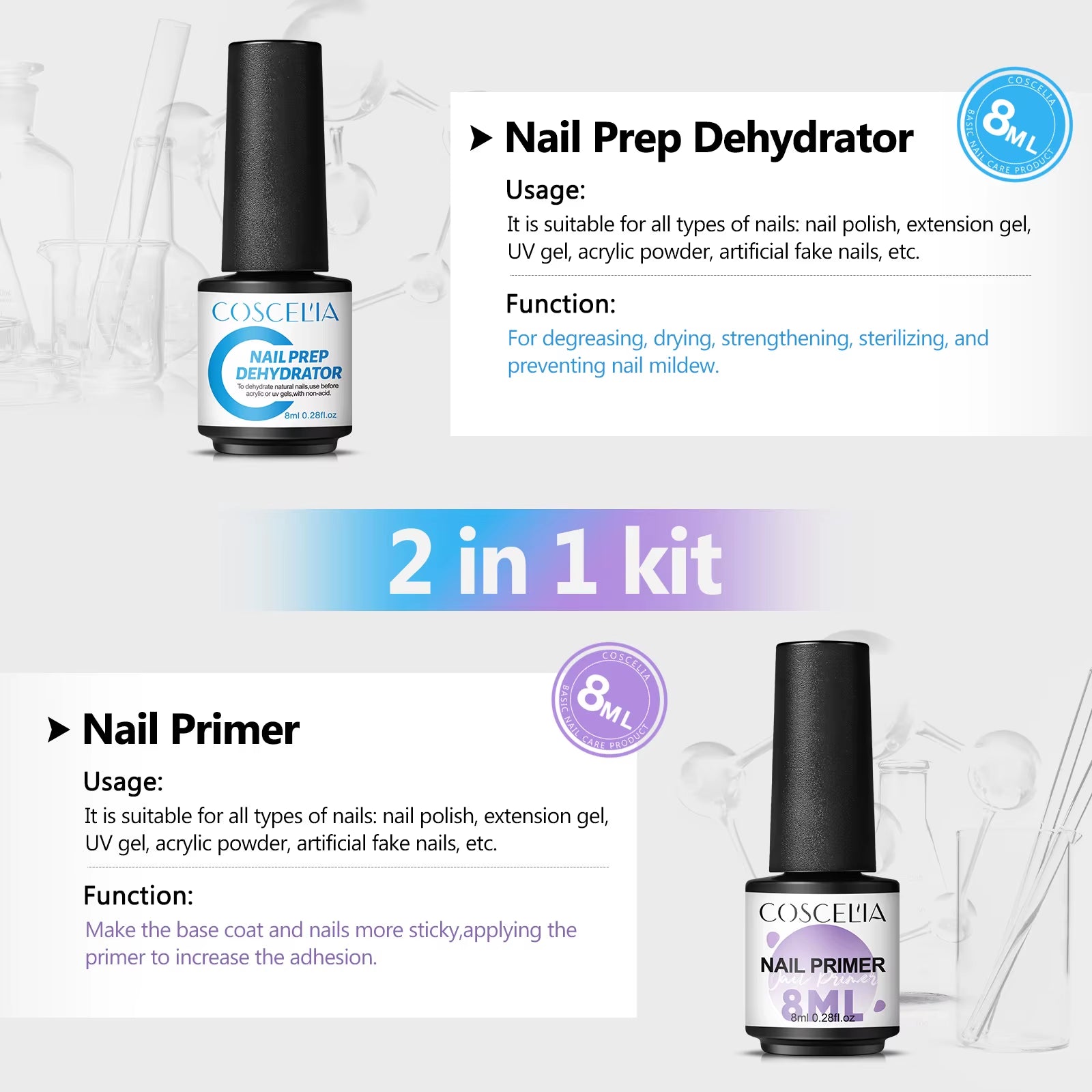 Nail Primer Set Nail Prep Dehydrator before Base Coat Long Lasting Air Dry 